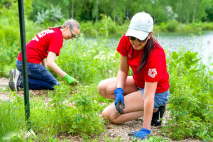 A First National Bank teammate weeding at The Outdoor Campus in Sioux Falls.