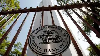 The Reserve Bank of India (RBI) logo is pictured outside its head office in Mumbai  